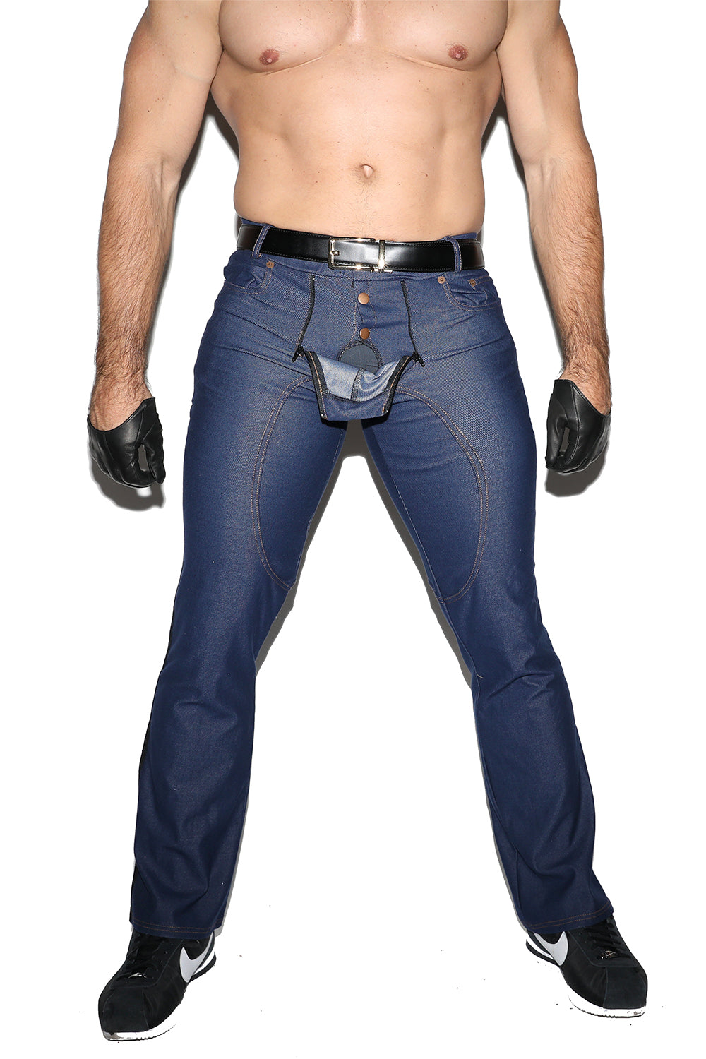 DOUBLE ZIP FRONT STRETCH DENIM JEANS