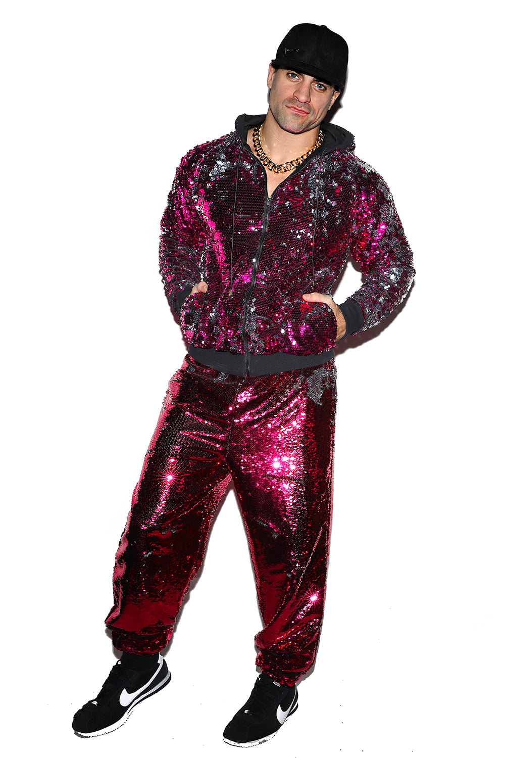 Magenta and Silver Sequin Bomber Jacket