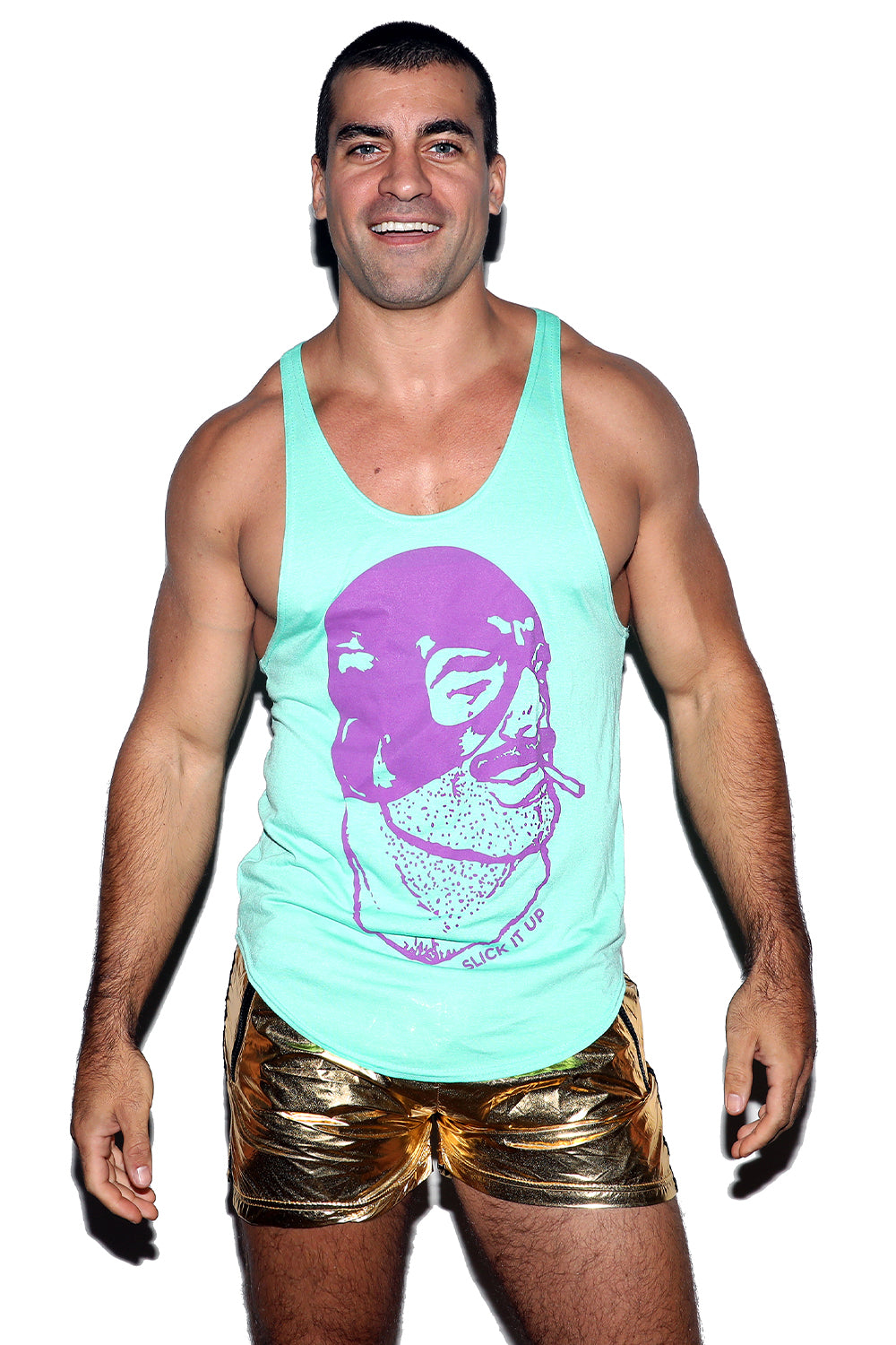 Masked Man String Tank Mint and Neon Purple
